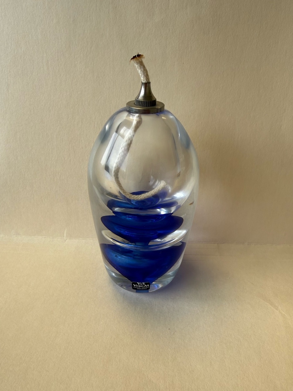 Vas Vitreum Swedish Heavy Clear & Cobalt Crystal Art Glass Oil Lamp Paperweight.